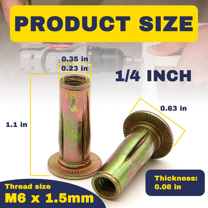 Terixe 100 Pack 1/4-20 Multi-Grip Rivet Nuts - Zinc-Plated Steel Construction Fasteners - Pre-Bulbed Shank - Flat Head Threaded Insert Plus Nut - Ideal for Household Items, Automobiles - Image 3